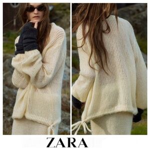 ZARA Cream Alpaca Wool Blend Knit Drawstring Waist Long Sleeves Sweater Sz S NEW